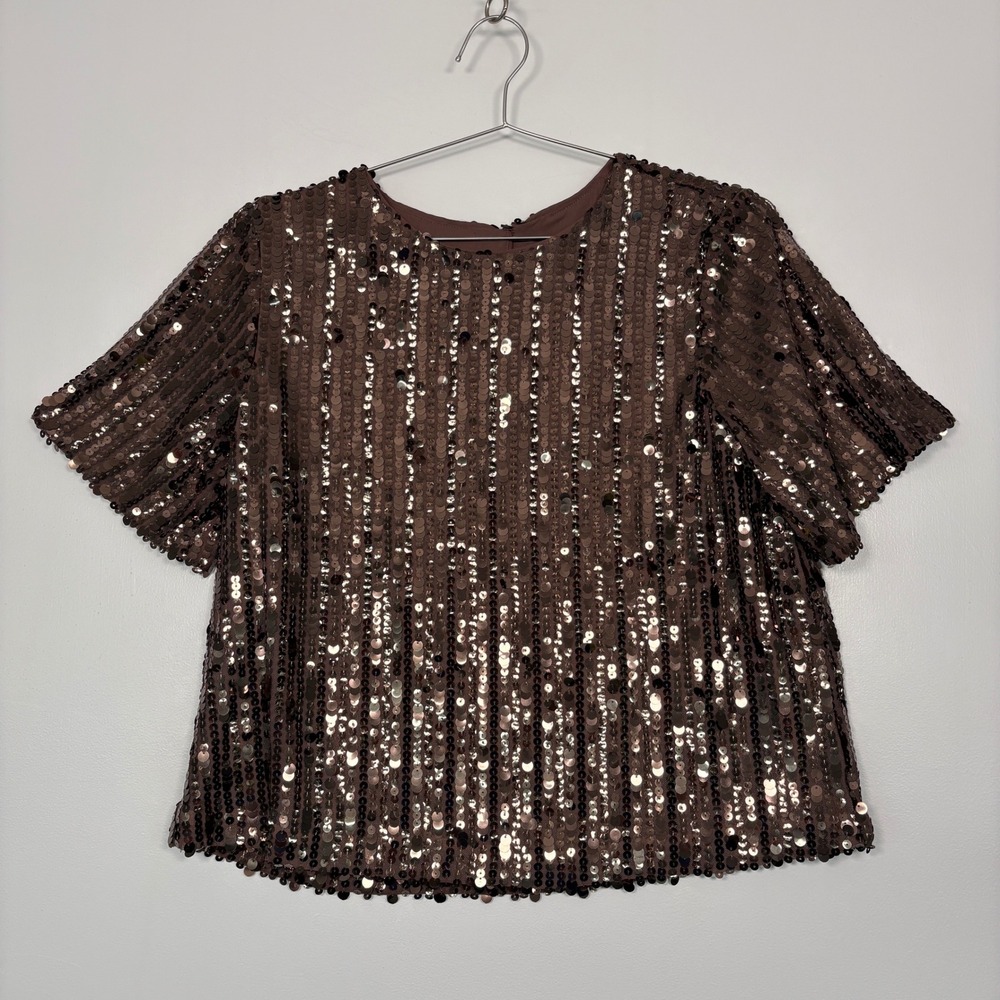 NWT LOFT Women Top Medium Brown Sequin Short Sleeve Holiday Blouse 37284794